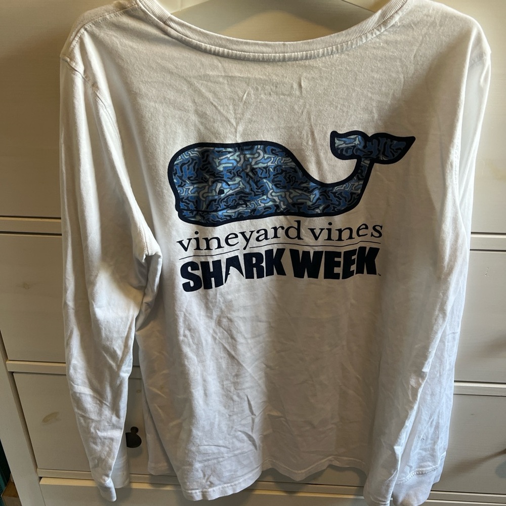 Vineyard Vines White and Blue Shark Week Tee